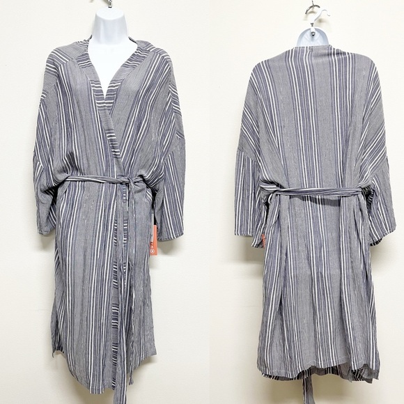 Dex Plus Womens Indigo Striped Printed Bohemian Chiffon Kimono Robe Size 1X - Picture 2 of 8
